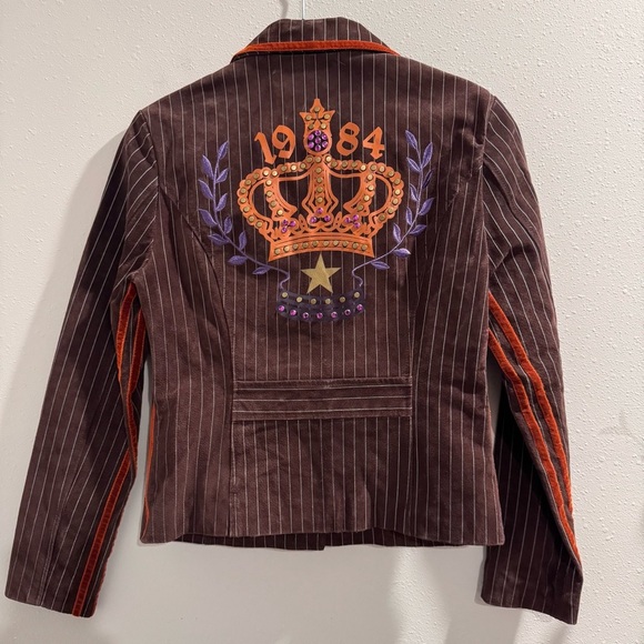 Wilsons Leather Brown 1984 Crown Embellished Pinstripe Blazer Jacket Studded Y2k - Picture 2 of 8